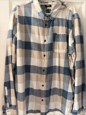 Quiksilver Blue and Tan Plaid Button-Up Shirt